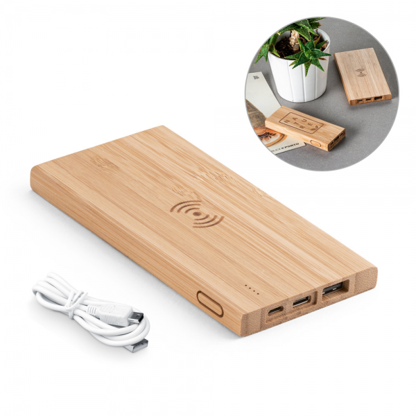 Bateria portátil com carregador wireless em bambu