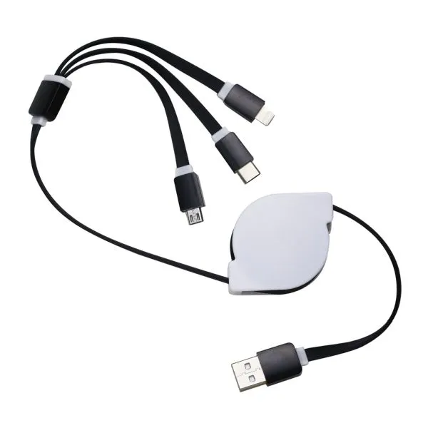 Cabo USB Retrátil 3 em 1 Entradas: Lightning / iPhone. Micro USB. Micro USB-C
