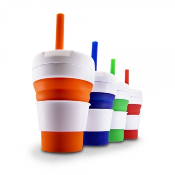 Copo reutilizável retrátil de silicone com capacidade de 355ml.