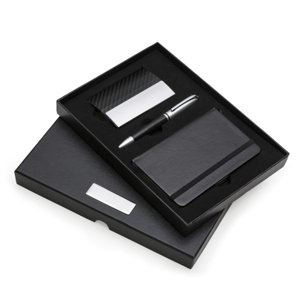 Kit corporativo personalizado com caderneta, caneta e porta-cartao em caixa executiva